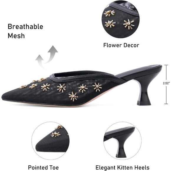 🆕Women Black Mesh Kitten Heel Mules Crystal Flower Pointed Toe Casual Pumps - Picture 2 of 7